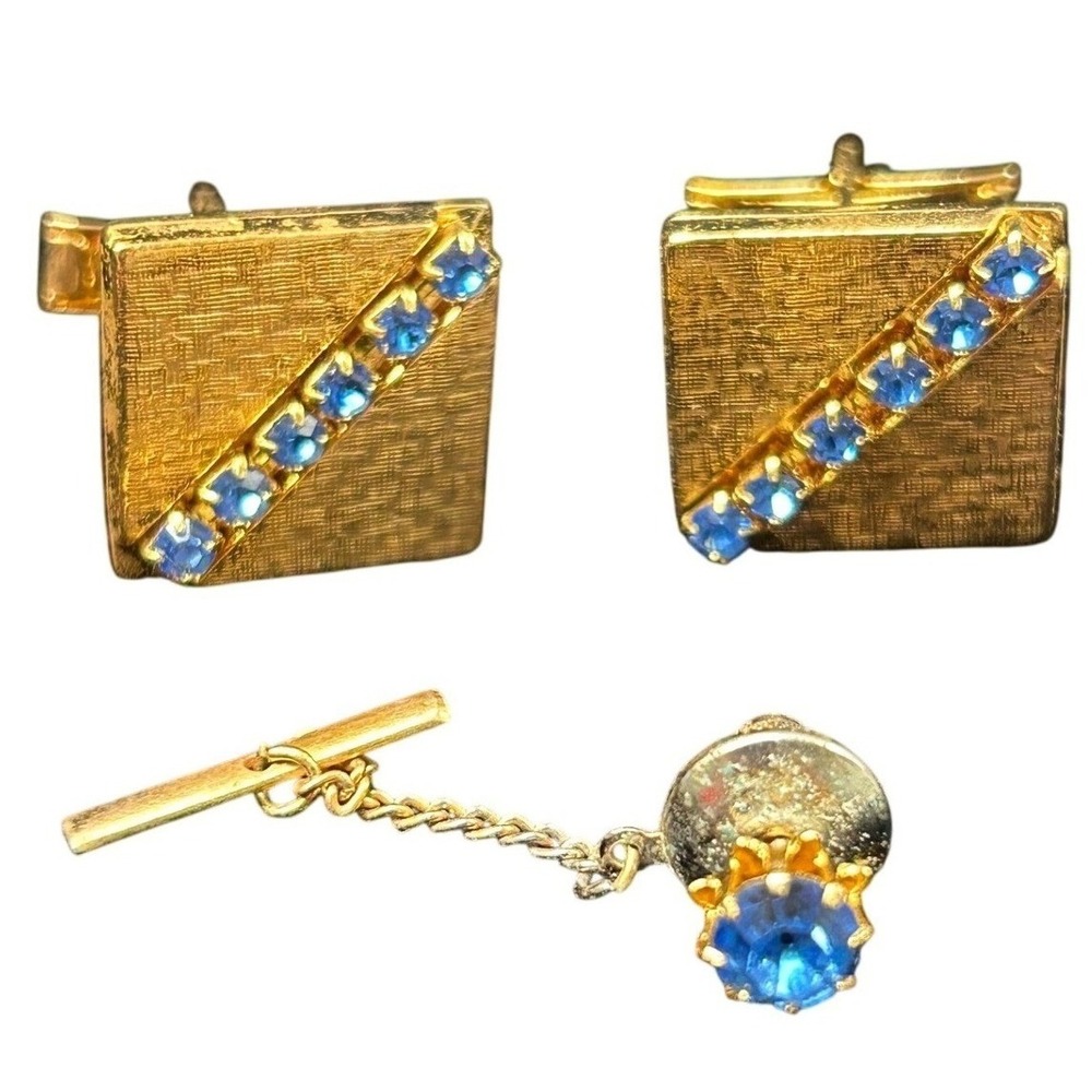 Vintage‎ Gold Tone Textured Square Cufflinks and Tie Tack Set Blue Rhinestones